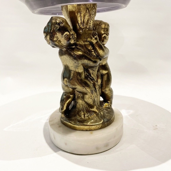 Vtg regency AMETHYST GLASS dish Compote Bowl footed Marble Brass Cherub Art Deco - Picture 3 of 7